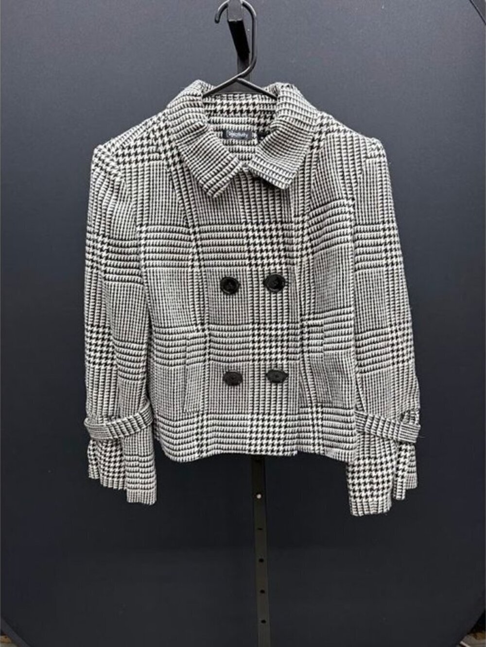 Relativity Black and White Houndstooth Tweed Lined Pea Coat